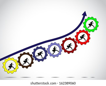 businessmen team work concept for achiving progress with arrow colorful gears and bright white background - concept design vector illustration art