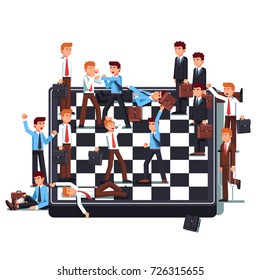 Businessmen teams fighting on giant chessboard. Business metaphor of work conflict between colleagues, corporate lawsuit. Modern flat style thin line vector illustration isolated on white background.