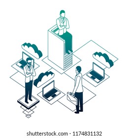 businessmen with teamwork and icon server data isometric