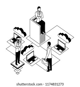 businessmen with teamwork and icon server data isometric