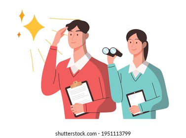 Businessmen with telescopes are looking for new innovative ideas. Businessman solution concept vector illustration.