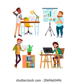 Geschäftsleute denken über den Vektorgrafik des Startup-Sets nach. Geschäftsleute denken an Unternehmensprobleme und suchen nach Lösungen. Zeichen, die Infografiken recherchieren und die Illustrationen zum Thema Gewinn erhöhen