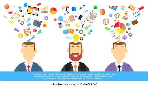 Businessmen Thinking Business Ideas Inspiration, Open Head Creative Brain With Icon Concept Brainstorming Process Flat Vector Illustration