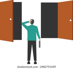 businessmen thinking to choose the right door. Choosing options, alternative paths, deciding on a new job or selecting important opportunities, making decisions for career opportunities.