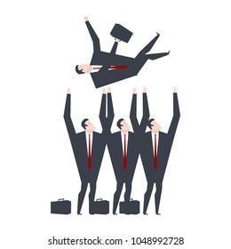 Businessmen throw up boss. Office managers congratulate boss. Office life vector illustration.
