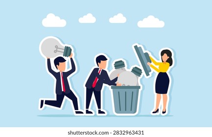 Businessmen Throwing Broken Light Bulb Into Trash Bin Illustrating Discarding Unused Idea Concept