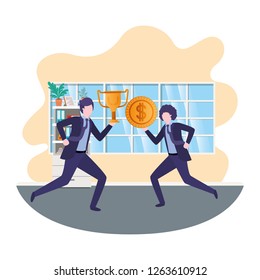 businessmen with trophy and coin in living room