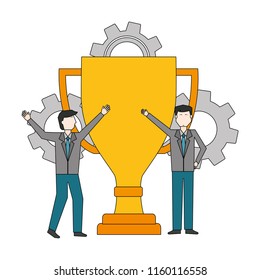 businessmen with trophy cup and gear machine