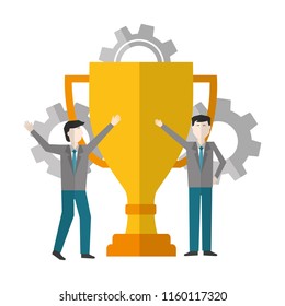businessmen with trophy cup and gear machine