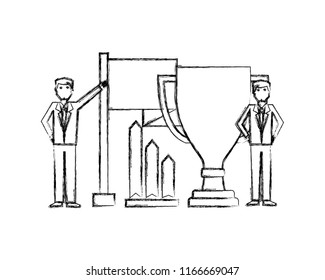 businessmen with trophy cup and set icons