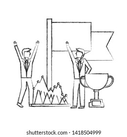 businessmen with trophy flag and financial chart business vector illustration