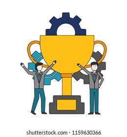 businessmen with trophy and gears work team