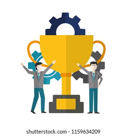 businessmen with trophy and gears work team