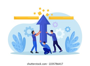 Businessmen try with full effort to break ceiling to growing in work. People overcoming difficulty, limits. Struggle with career obstacle, exceeding boundaries. Business progress, development