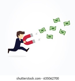 Businessmen trying to catch money by magnet. Vector illustration.