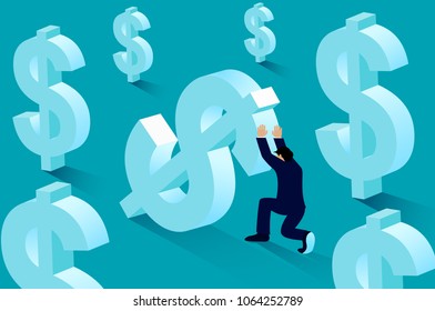 Businessmen are trying to push forward the icon Dollar money up. Modern ideas, creativity. innovation and brainstorming. Business Concept Vector Illustration
