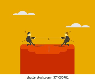 businessmen tug of war on mountain