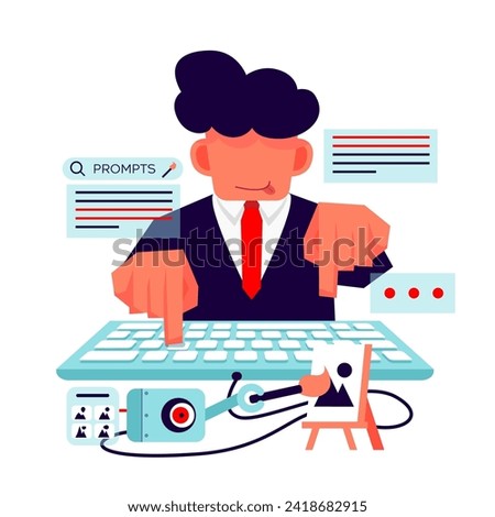 A businessmen typing on a keyboard generating an image with the help of AI using a prompt. A robot is assisting a man in creating the image on a screen or canvas.