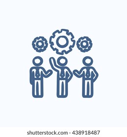 Hombres de negocios bajo el icono de boceto vectorial de los engranajes aislados en el fondo. Hand dibujó a hombres de negocios bajo el icono de los engranajes. Hombres de negocios bajo el icono de boceto de los engranajes para infografía, sitio web o aplicación.
