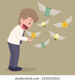 Businessmen use insect trapping nets to trying, walking to catch a swarm of banknotes with wings who flying in the air. illustration Vector.