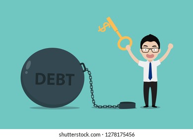 Businessmen use key to unlock chain from gian steel ball with debt message. Concept of Business debt and financial freedom