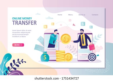 Businessmen use online money transfer.Concept sending and receiving money over mobile phones. Finance and business landing page template.Internet banking, financial technology.Flat vector illustration