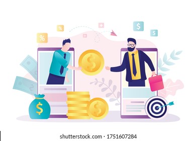 Businessmen use online money transfer.Concept sending and receiving money over mobile phones. Finance and business in internet. B2b connection.Internet banking,financial technology.Vector illustration