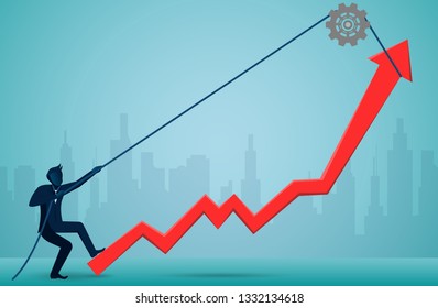 Businessmen Use The Rope To Pull The Red Arrow To Change The Direction To The Ultimate Success Goal. Business Finance Concept. Creative Idea. Illustration Cartoon Vector