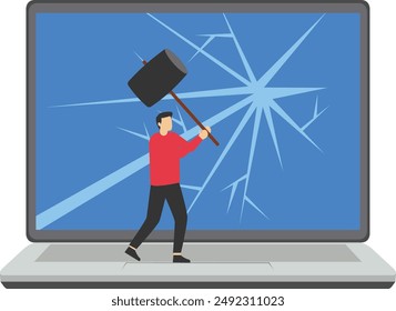 businessmen use sledgehammers and break computers. Frustrated computer user. Office life makes him crazy. Slow internet connection. dealing with errors. Flat vector illustration.

