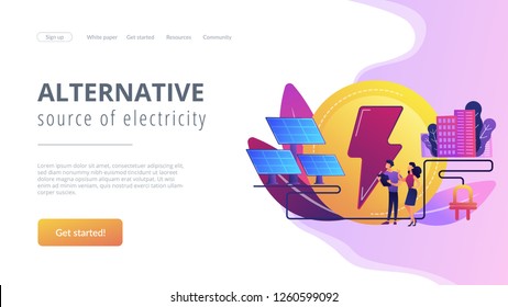 Businessmen use solar energy panels to produce electricity for the city. Solar energy, solar power plant, alternative source of electricity concept. Website vibrant violet landing web page template.