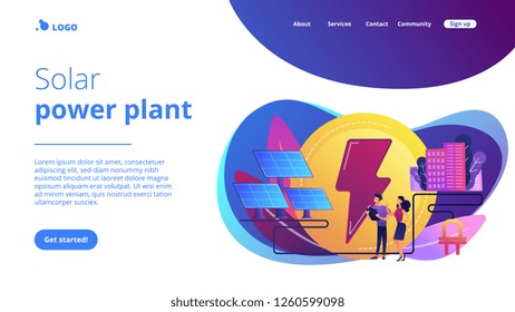 Businessmen use solar energy panels to produce electricity for the city. Solar energy, solar power plant, alternative source of electricity concept. Website vibrant violet landing web page template.