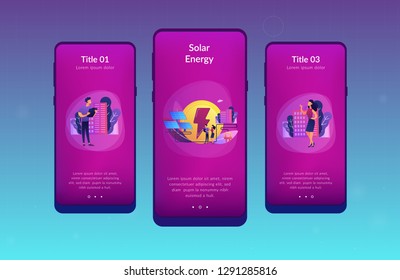 Businessmen use solar energy panels to produce electricity for the city. Solar energy, solar power plant, alternative source of electricity concept. Mobile UI UX GUI template, app interface wireframe