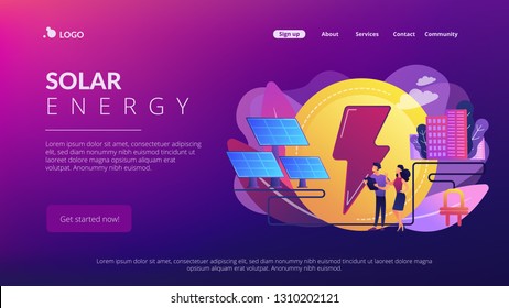 Businessmen use solar energy panels to produce electricity for the city. Solar energy, solar power plant, alternative source of electricity concept. Website vibrant violet landing web page template.