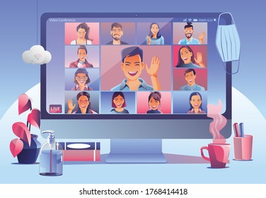 Businessmen use Video conference landing. People on window screen taking with colleagues. Videoconferencing and online meeting workspace page, man and woman learning. Vector illustration, Flat