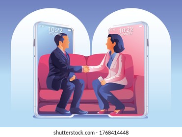 Businessmen use Video conference landing. People on smartphone screen taking with colleagues. Videoconferencing and online meeting workspace page, man and woman Shaking hand. Vector illustration, Flat