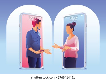 Businessmen use Video conference landing. People on smartphone screen taking with colleagues. Videoconferencing and online meeting workspace page, man and woman Shaking hand. Vector illustration, Flat