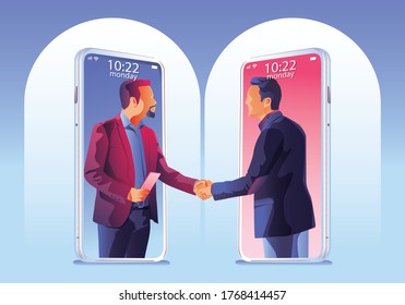 Businessmen use Video conference landing. People on smartphone screen taking with colleagues. Videoconferencing and online meeting workspace page, man and woman Shaking hand. Vector illustration, Flat