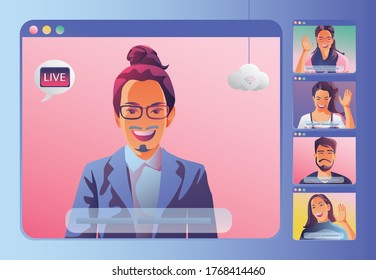 Businessmen use Video conference landing. People on window screen taking with colleagues. Videoconferencing and online meeting workspace page, man and woman learning. Vector illustration, Flat