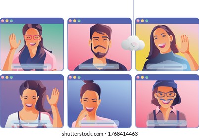 Businessmen use Video conference landing. People on window screen taking with colleagues. Videoconferencing and online meeting workspace page, man and woman learning. Vector illustration, Flat