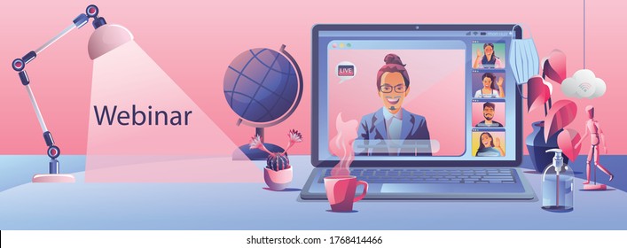 Businessmen use Video conference landing. People on window screen taking with colleagues. Videoconferencing and online meeting workspace page, man and woman learning. Vector illustration, Flat