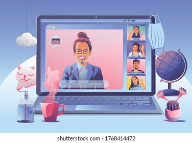 Businessmen use Video conference landing. People on window screen taking with colleagues. Videoconferencing and online meeting workspace page, man and woman learning. Vector illustration, Flat