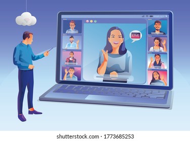 Businessmen use Video conference landing. People on window screen taking with colleagues. Videoconferencing and online meeting workspace page, men and women learning. Vector illustration, Flat