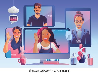 Businessmen use Video conference landing. People on window screen taking with colleagues. Videoconferencing and online meeting workspace page, man and women learning. Vector illustration, Flat