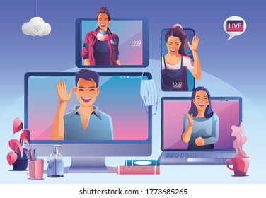 Businessmen use Video conference landing. People on window screen taking with colleagues. Videoconferencing and online meeting workspace page, man and women learning. Vector illustration, Flat