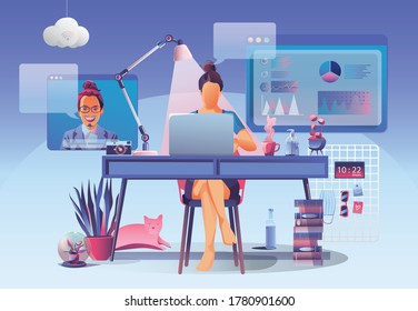 Businessmen use Video conference landing. People on window screen taking with colleagues. Videoconferencing and online meeting workspace page, men and women learning. Vector illustration, Flat