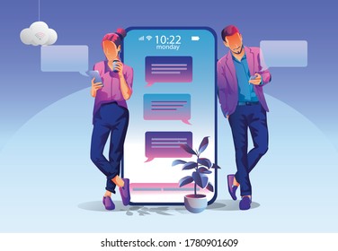 Businessmen use Video conference landing. People on window screen taking with colleagues. Videoconferencing and online meeting workspace page, men and women learning. Vector illustration, Flat