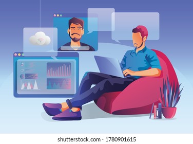 Businessmen use Video conference landing. People on window screen taking with colleagues. Videoconferencing and online meeting workspace page, men and women learning. Vector illustration, Flat