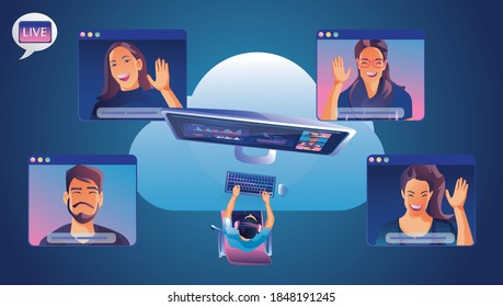 Businessmen use Video conference landing Working People on window screen taking with colleagues. Videoconferencing and online meeting workspace page, man and woman learning Vector illustration, Flat