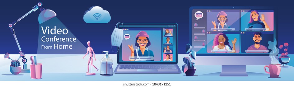 Businessmen use Video conference landing Working People on window screen taking with colleagues. Videoconferencing and online meeting workspace page, man and woman learning Vector illustration, Flat