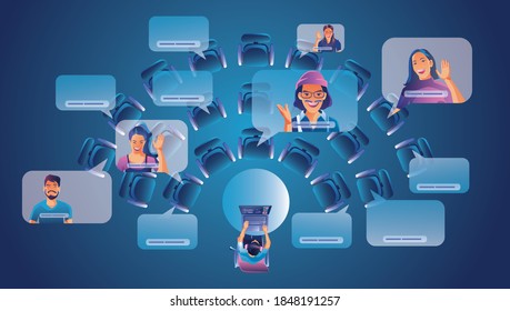 Businessmen use Video conference landing Working top view People on window screen taking with colleagues. Videoconferencing and online meeting workspace page man and woman learning Vector illustration